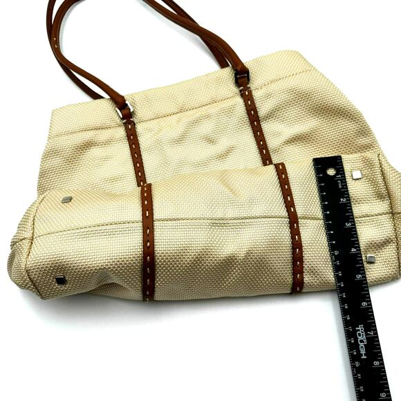 ANTONIO MELANI Tan‎ Brown Canvas Purse Handbag Shoulder Tote Faux Leather Trim - Picture 8 of 10